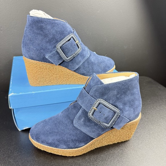 Jack Rogers Izzie Suede Wedge Boot Bootie Midnight Blue Buckle Women's Size 6.5 - Picture 2 of 14